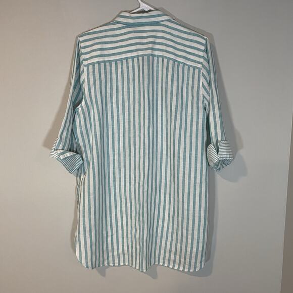 Chico's No Iron Sz 2.5 (US 14) Blue White 3/4 Sleeve Striped Linen Shirt Tunic - Picture 7 of 8